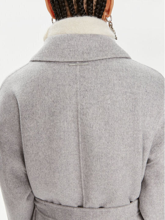 Μάλλινο Γυναικείο Παλτό Gray Oversized με Ζώνη