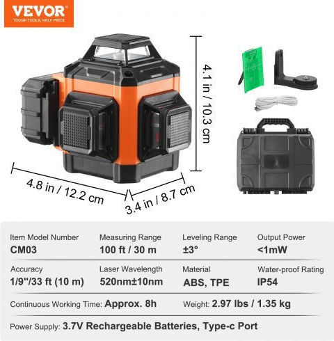 Vevor Self-leveling Linear Laser Level Green Beam with Working Range 30m
