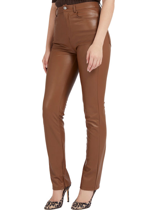 Women's High-waisted Leather Trousers Skinny Fit Brown