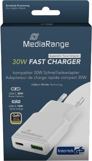 MediaRange Charger Without Cable GaN with USB-A Port and USB-C Port 30W Power Delivery / Quick Charge 3.0 White (MRMA125)