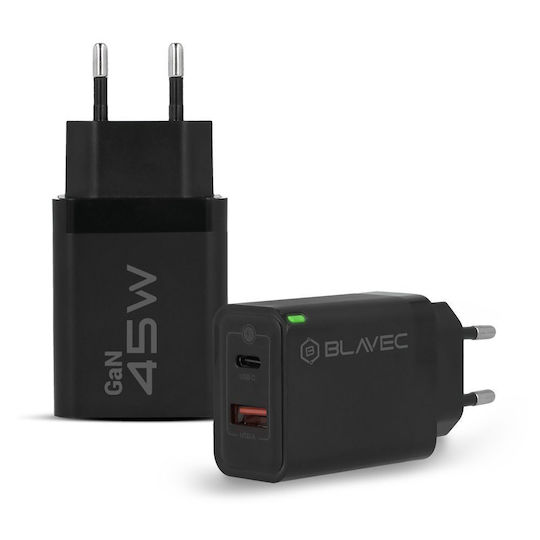 Blavec Ladegerät ohne Kabel GaN mit USB-A Anschluss und USB-C Anschluss 45W Stromlieferung Schwarzs (TCBC5G-UCB453A)