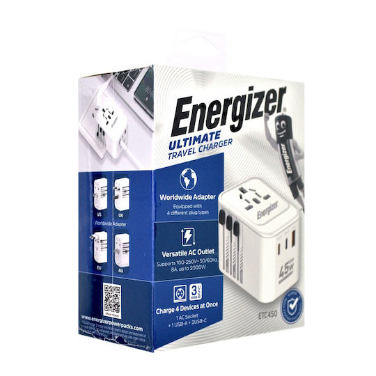 Energizer Charger Without Cable GaN with USB-A Port and 2 USB-C Ports Whites (ETC650)