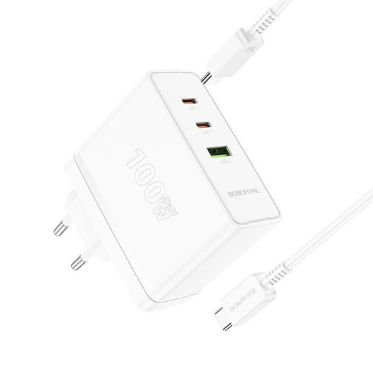 Borofone Charger with USB-A port and 2 USB-C ports and USB-C - USB-C Cable 100W Power Delivery / Quick Charge 3.0 in White Colour (BN11 Imperial)