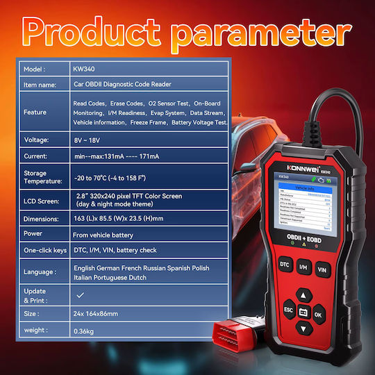 Konnwei Дигитална Автомобилна Диагностика OBD 2 с Кабел