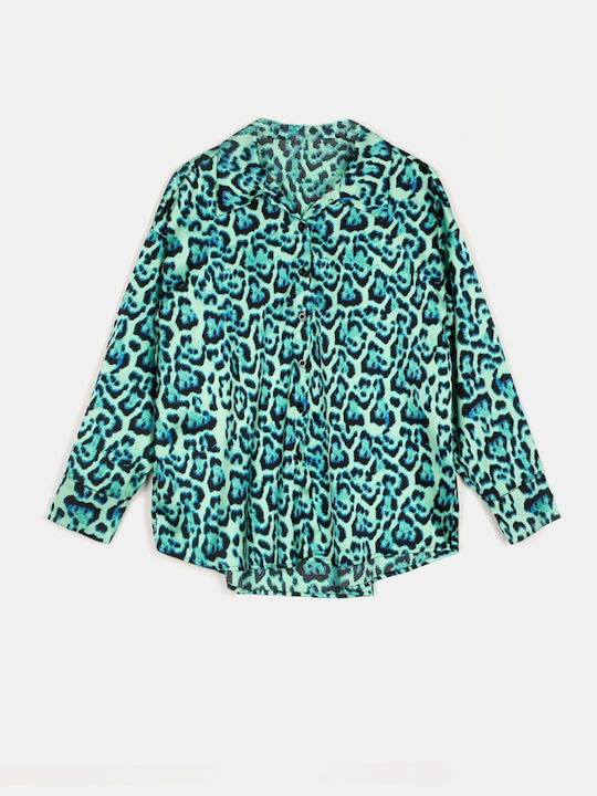 Long Sleeve Women's Satin Shirt Green