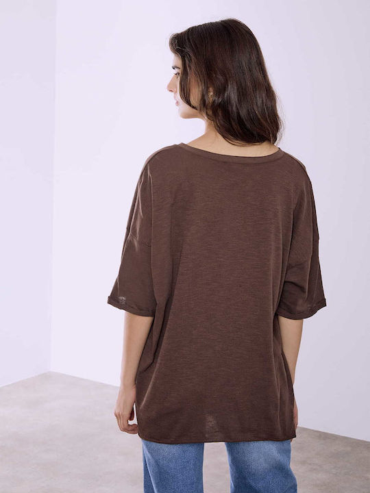 Celestino Women's Blouse Turned Sleeve Loose Fit Brown