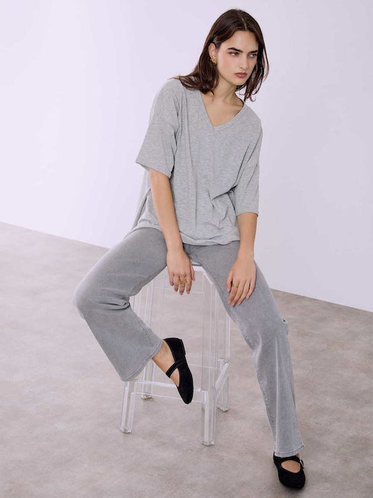 Celestino Women's Blouse Turned Sleeve Loose Fit Light Gray
