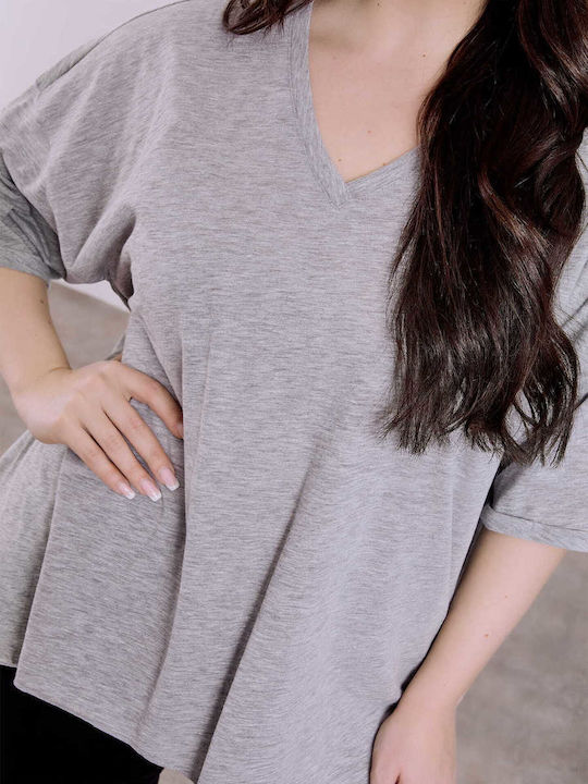 Celestino Women's Blouse Turned Sleeve Loose Fit Light Gray