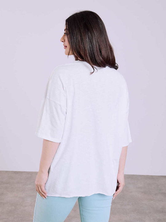 Celestino Women's Blouse Turned Sleeve Loose Fit White