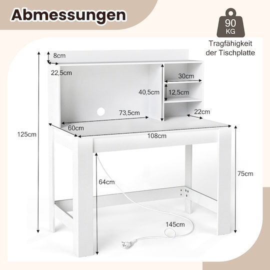 Schreibtisch Aus Holz Weiß Mit USB-Anschlüssen 108x60x125cm