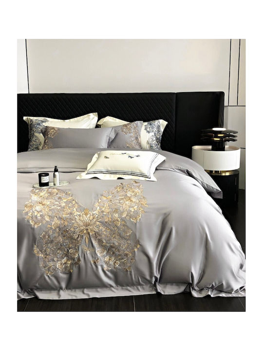 4 Seasons Collection Duvet Cover Set Super King 220x240cm 3D Embroidery 2 Pillowcases & 1 Bed Sheet Gray