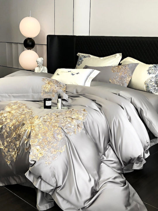 4 Seasons Collection Duvet Cover Set Super King 220x240cm 3D Embroidery 2 Pillowcases & 1 Bed Sheet Gray