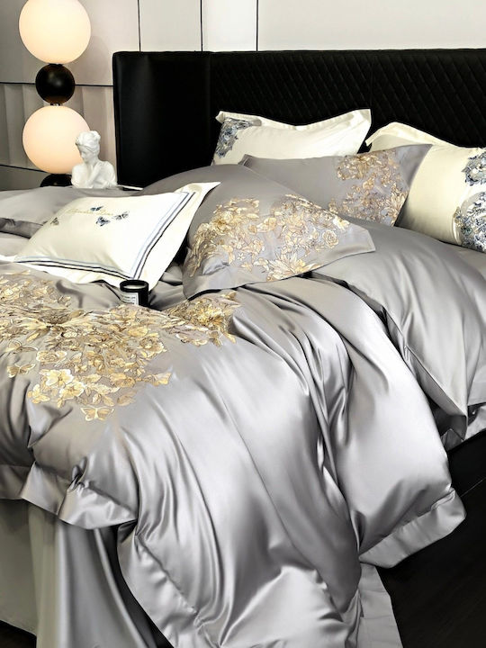 4 Seasons Collection Duvet Cover Set Super King 220x240cm 3D Embroidery 2 Pillowcases & 1 Bed Sheet Gray