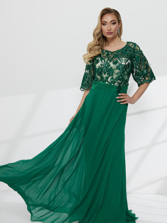 Maxi Dress for Wedding - Christening with Lace Green