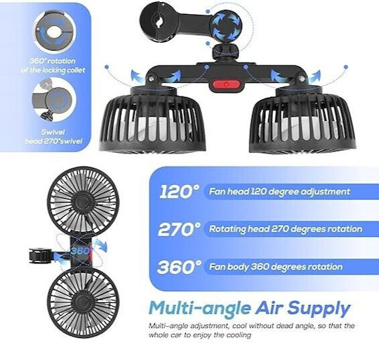 Ventilator Auto Dublu Rotire 360° 10w 5 12 24 V Alimentare Usb Cablu 180 Cm Pp 25 X 10.5 Cm Negru