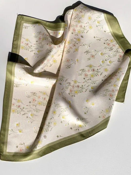By Queen Batic Satin Crem Pastel Flori Verde Contur