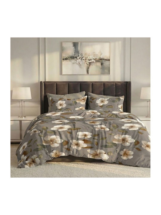 Pucioasa Set Huse Pentru Pilote 200x230cm Dublu Cu 4 Fețe De Pernă & 1 Cearceaf Alb/Bej Flori