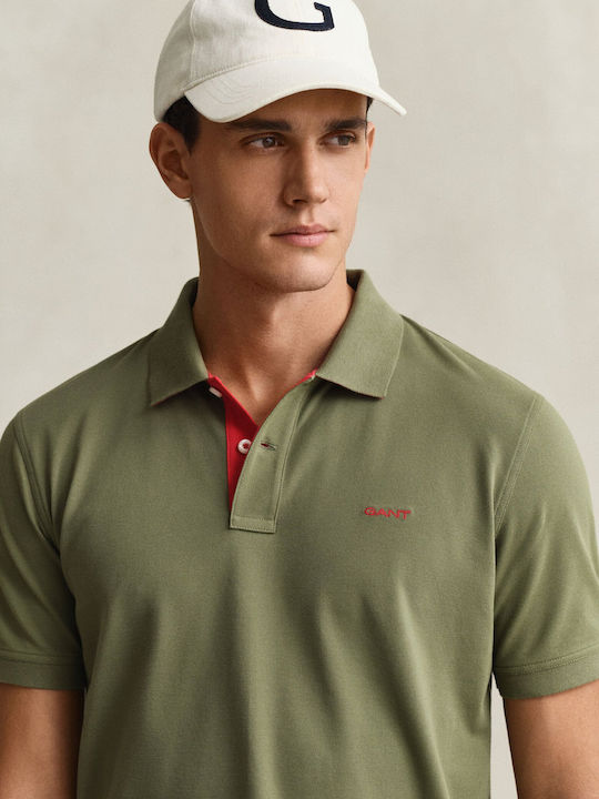 Contrast Pique Polo Short Sleeve Green Blouse