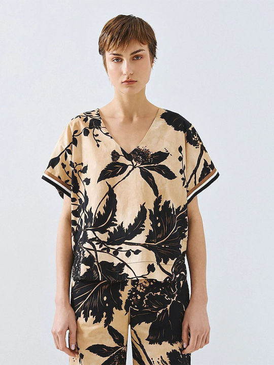 Women's Cotton Short Sleeve Blouse with V-Neckline Striped Printed