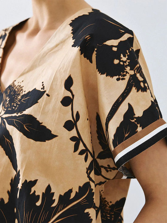 Women's Cotton Short Sleeve Blouse with V-Neckline Striped Printed