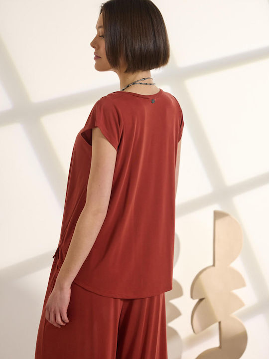 Women's Short Sleeve Blouse with V Neckline Henna