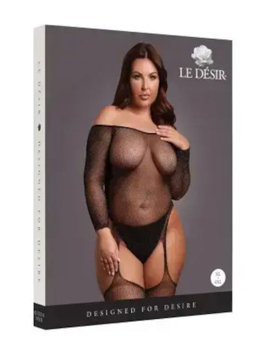 Διχτυωτό Bodystocking Off-shoulder Μαύρο Χρυσό Plus Size Xl-4xl Le Desir
