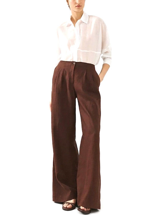 Women's High Rise Linen Pantaloons in Wide Leg Style Brown