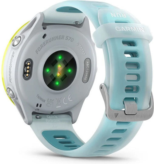 Garmin Forerunner 570 Aluminum 47mm Waterproof Smartwatch with Heart Rate Monitor (Amp Yellow Aluminum with Translucent Whitestone/Turquoise Band)