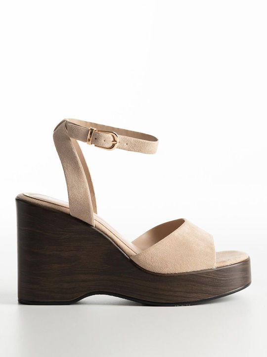 Bozikis Damenplattformen Look Alike Holzsohle Weiblich Bs-22 Beige Synthetisches Suede