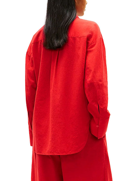 Tommy Hilfiger Long Sleeve Women's Linen Shirt Red Tommy Hilfiger Long Sleeve Women's Linen Shirt Red