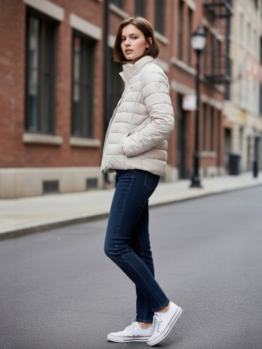 Short Women's Puffer Jacket Waterproof for Winter Ecru
