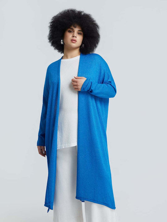 Long Women's Knitted Cardigan In Blue Color