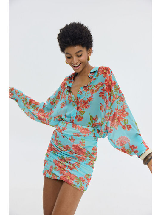 Ψηλόμεση Mini Φούστα Floral Aqua
