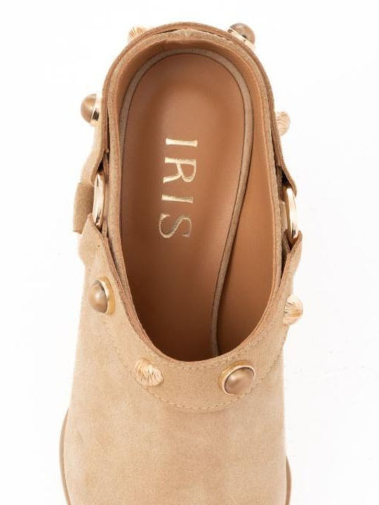 Leather Mules With High Heel In Beige Colour