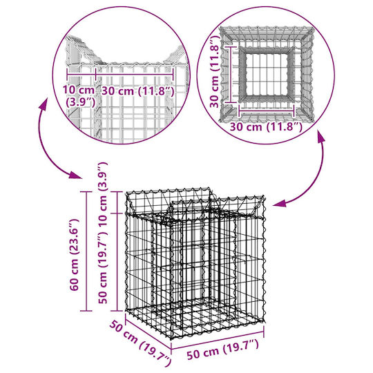 vidaXL Gabion Box Pentru Gard De Grădină Din Oțel 50x50x60 Cm Argintiu