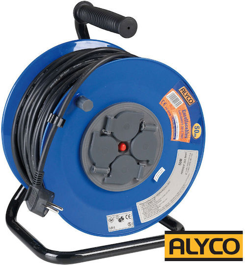 Alyco Удължителен кабел на ролка 4 места с кабел 50м с диаметър 3 x 1.5mm² Син