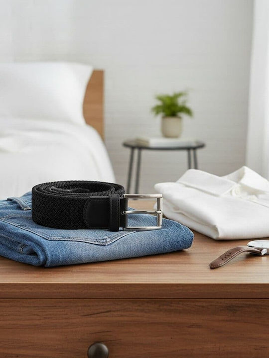 Elastic Men's Belt Made of Knitted Artificial Leather Black