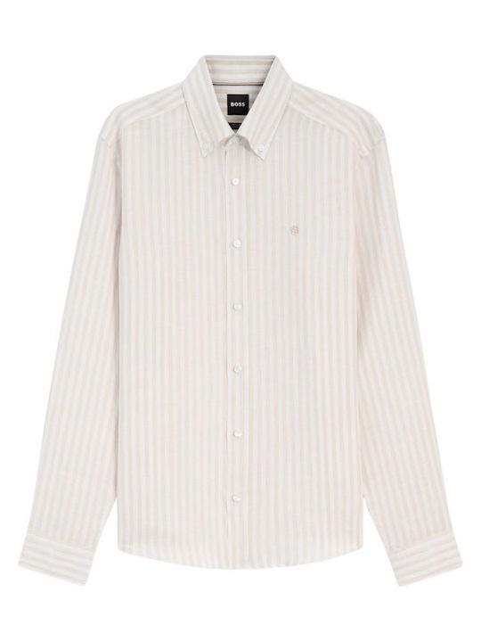 Long Sleeve Linen Shirt in Regular Fit Striped Beige