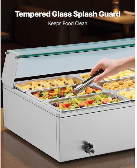 Vevor Commercial Food Warmer 1500w Electric Stainless Steel Steam Food Warmer Glass Cover Tabletop Buffet Bain Marie 9 Slots Soup Ladles & Slotted Catering Restaurant & Party