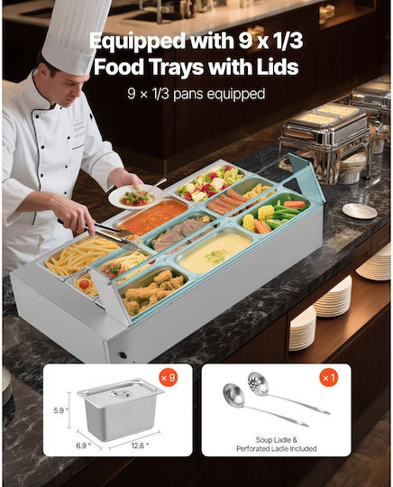 Vevor Commercial Food Warmer 1500w Electric Stainless Steel Steam Food Warmer Glass Cover Tabletop Buffet Bain Marie 9 Slots Soup Ladles & Slotted Catering Restaurant & Party