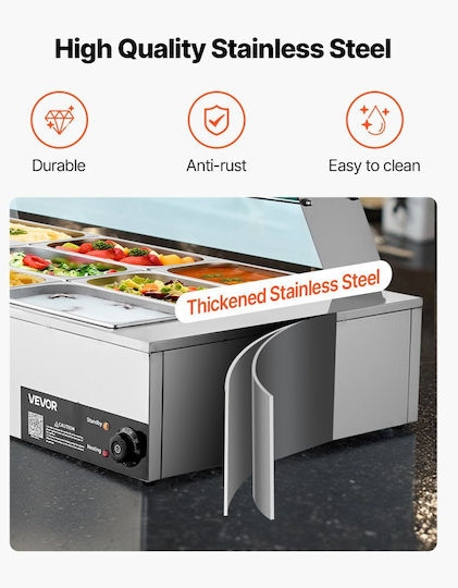 Vevor Commercial Food Warmer Electric Food Warmer Steam 1700w Stainless Steel Glass Cover Tabletop Bain Marie Buffet 12 Containers Soup Ladles & Slotted Catering Restaurant & Party