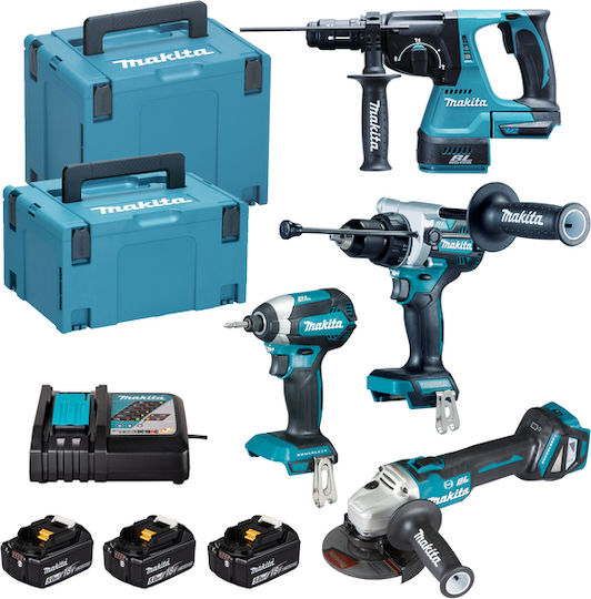 Makita DLX4192TJ Σετ Γωνιακός Τροχός, Κρουστικό Δραπανοκατσάβιδο, Παλμικό Κατσαβίδι & Πιστολέτο Brushless 18V με 3 Μπαταρίες 5Ah και Θήκη