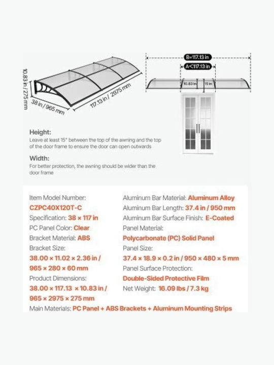 Vevor Polycarbonate Capony Roof for Door and Window P117xB38cm