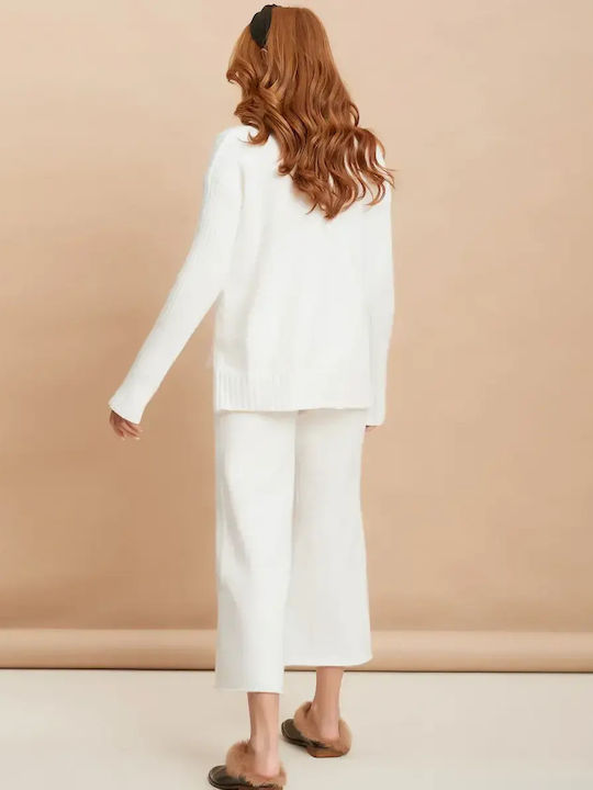Set Tricotat Pantaloni Bluza Guler Înalt Alb Mărime One Size