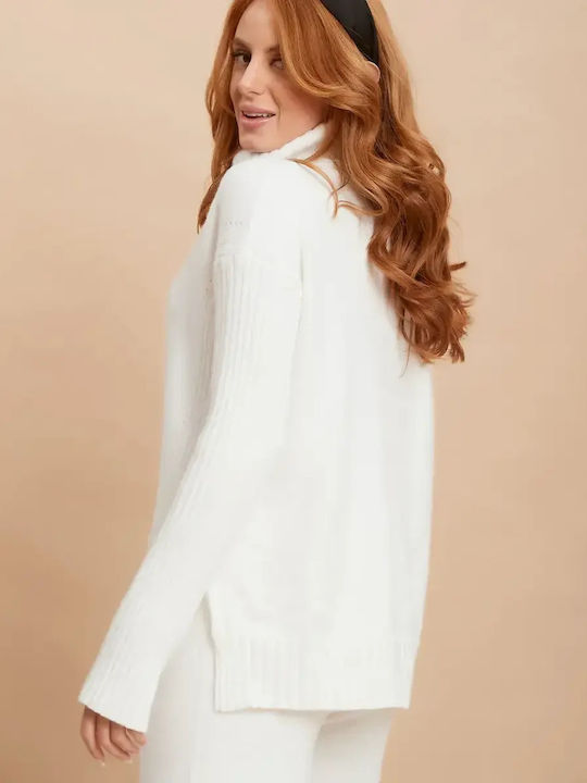 Set Tricotat Pantaloni Bluza Guler Înalt Alb Mărime One Size