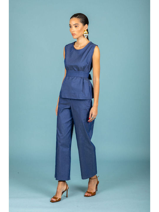 Women's Fabric Trousers in Loose Fit Blue