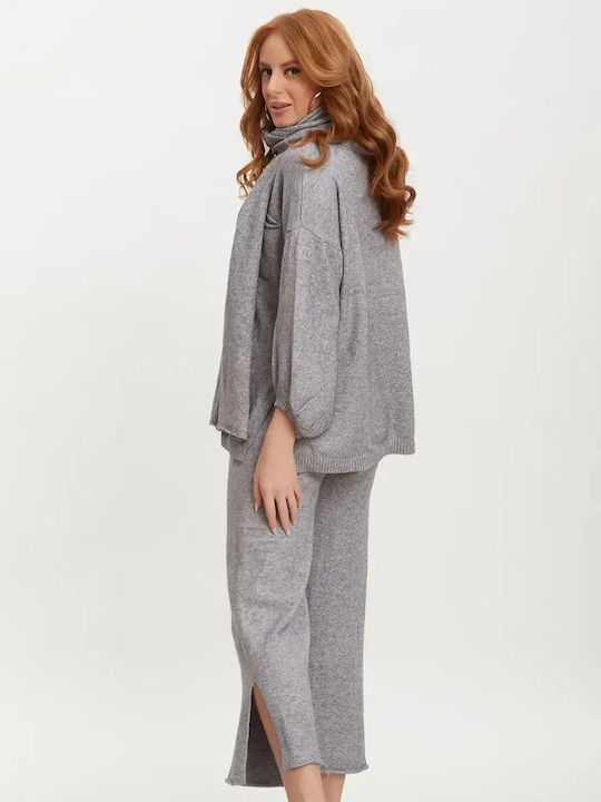 Knitted Set Trousers Blouse Scarf Gray Size One Size