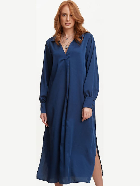 Midi Evening Satin Dress Dark Blue