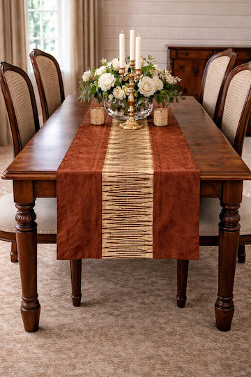 Runner Set 3 Pieces with Embroidery Terracotta-Gold Runner Set 3 Pieces with Embroidery Terracotta-Gold