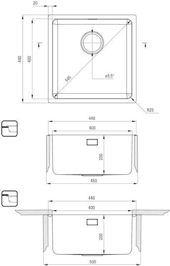 Deante Ένθετος Νεροχύτης Inox με Μπαταρία Μ44xΠ44cm Ασημί